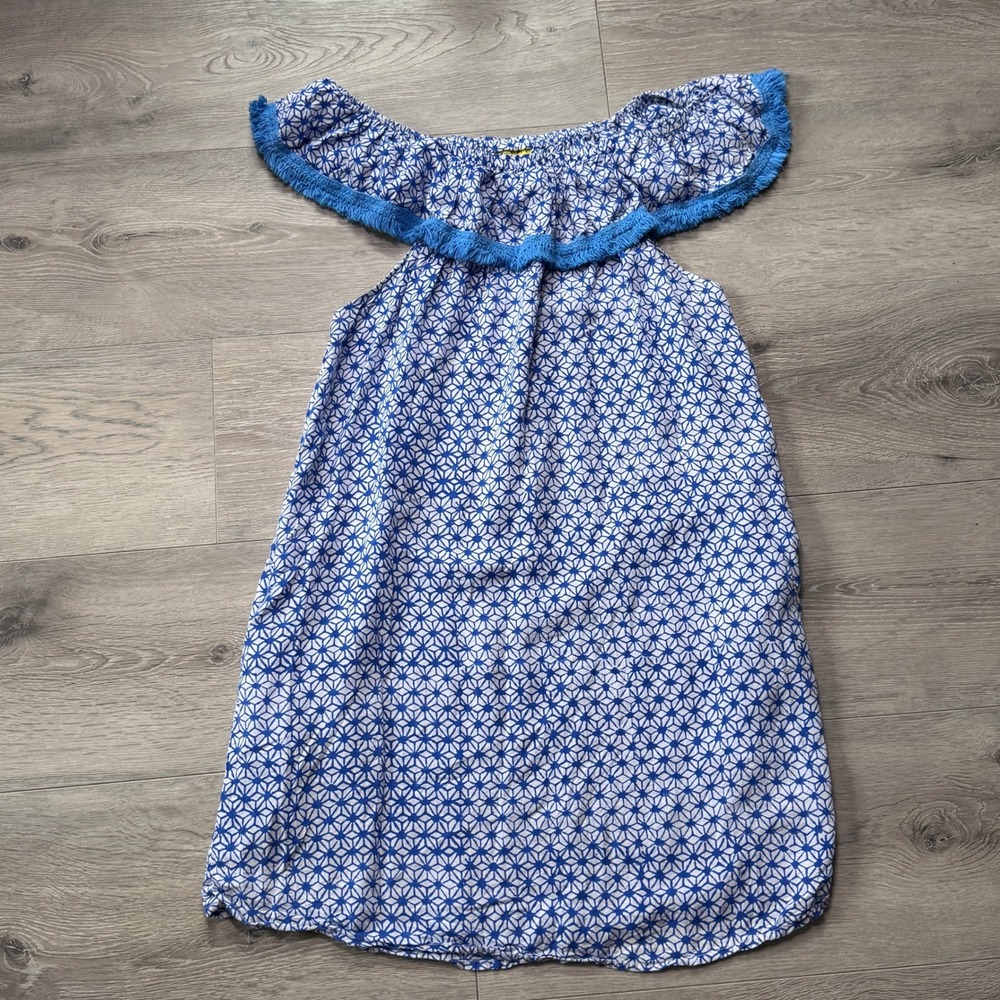 Roberta Roller Rabbit Blue White Geometric Fringe Off-Shoulder Mini Dress Small
